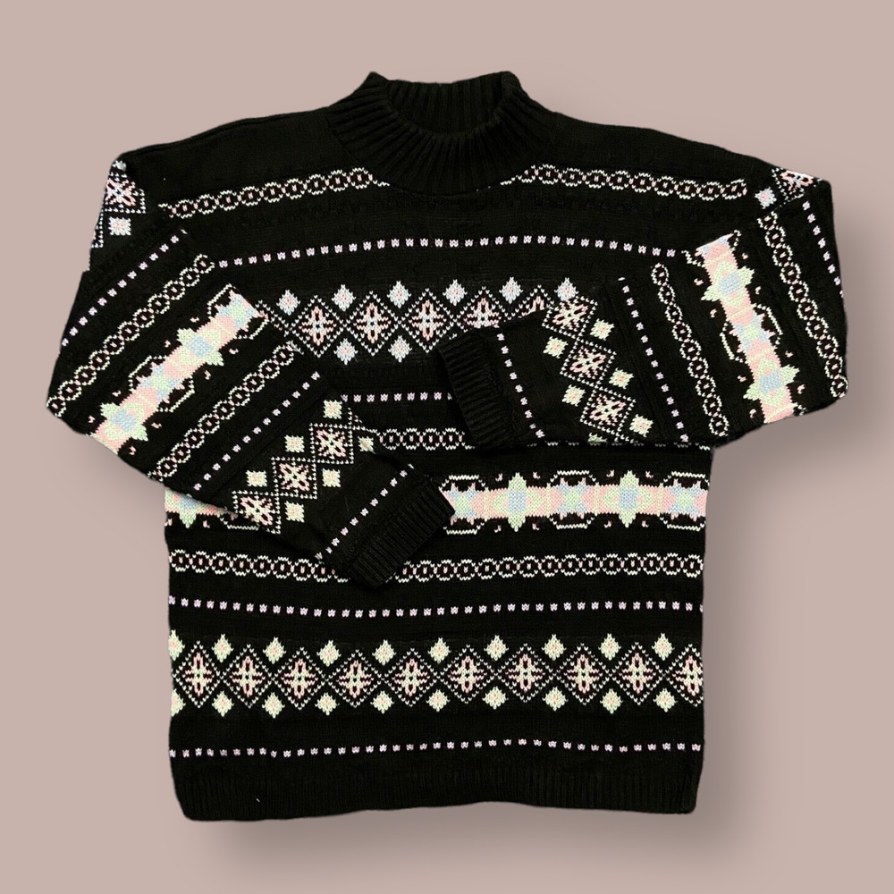 Vintage Cute Sweater Pastel Pullover 80s 90s Acrylic Womens Jumper Black